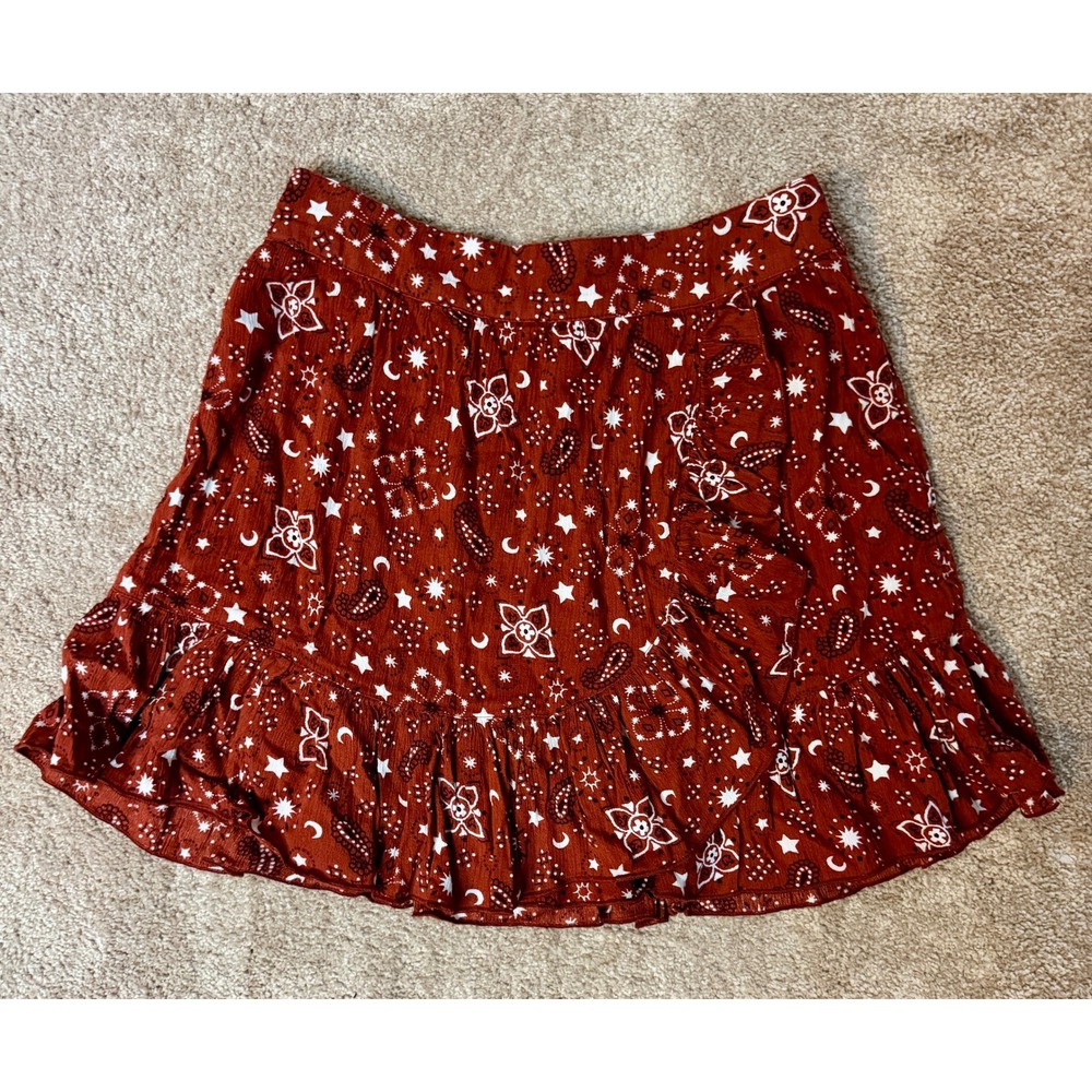 Aerie Rust Floral Celestial Print Ruffle Mini Skirt Women's S